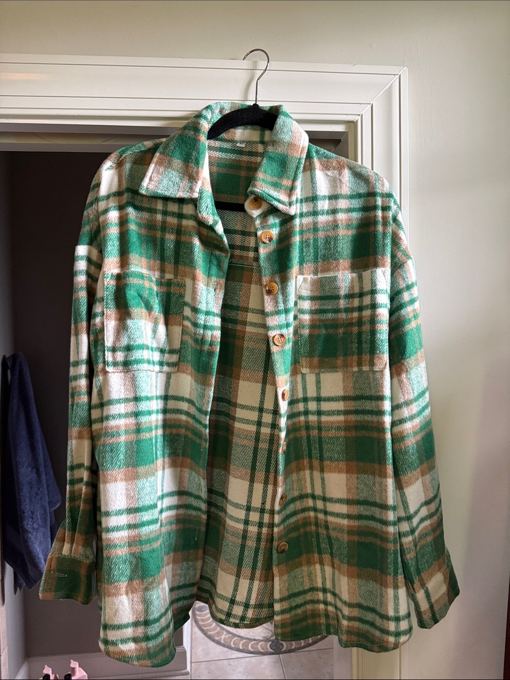 Green and Cream Plaid Button-Up Shacket